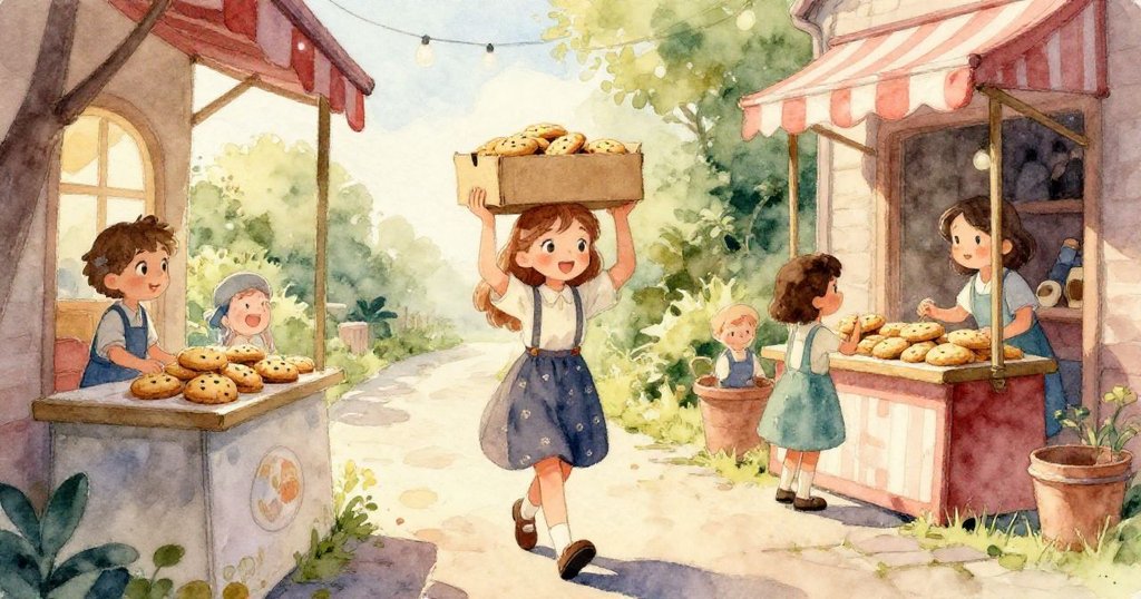 艾瑪的手仔細檢查鬆動盒蓋，紙盒上隱約露出彩色餅乾，畫面細膩展現她專注與關切的神情。