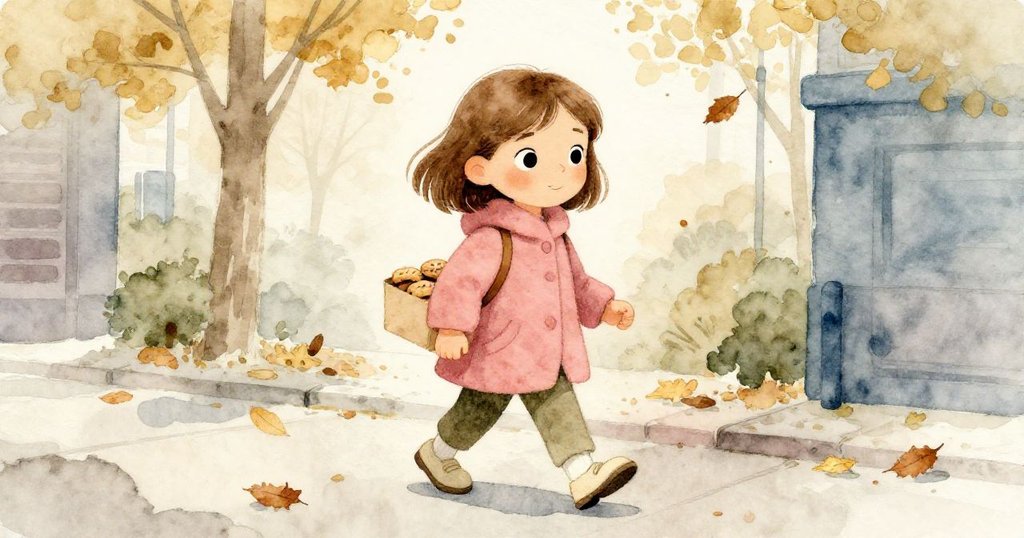 艾瑪在涼風吹拂中走在舊城街道上，落葉飄散襯托出秋季氣息，她緊握紙盒，臉上展現堅定神情。