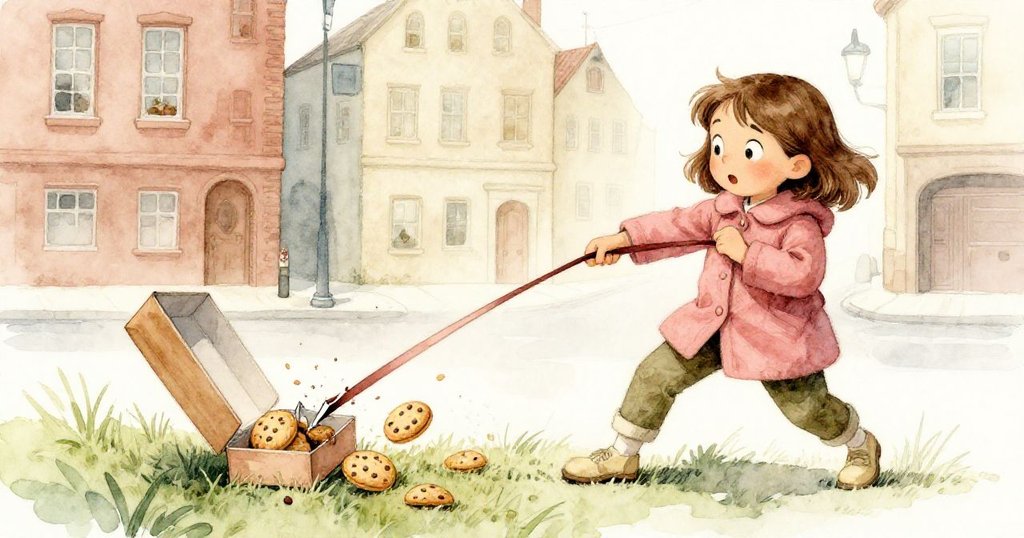 艾瑪因木板勾住書包帶突然失衡，紙盒傾斜餅乾灑落綠草上，臉上驚訝表情明顯，動作生動。