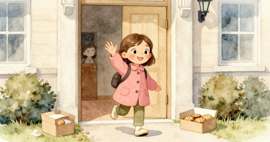 艾瑪整理好紙盒中的餅乾後，向散落現象揮手告別，步入學校建築入口，臉上流露出平靜堅定與溫暖微笑。