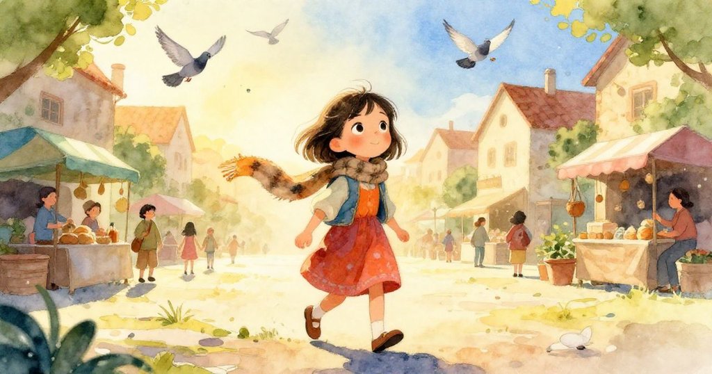 米拉在晨曦中踏入村莊廣場,活力四射地向前行,市場攤位和飛舞的鴿子構成溫暖美好的早晨景象。
