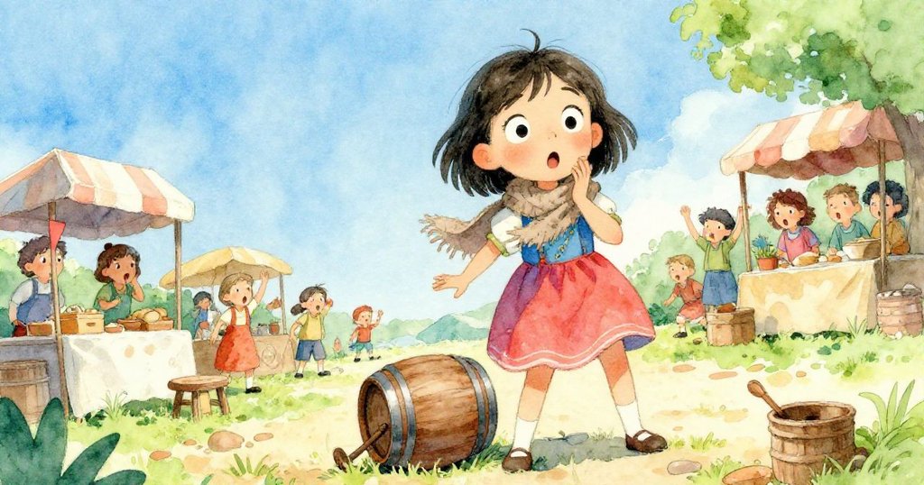 市場中一隻滾動的木桶打破寧靜,米拉和攤販們驚訝四散,畫面充滿動感和熱鬧的晨市氛圍。