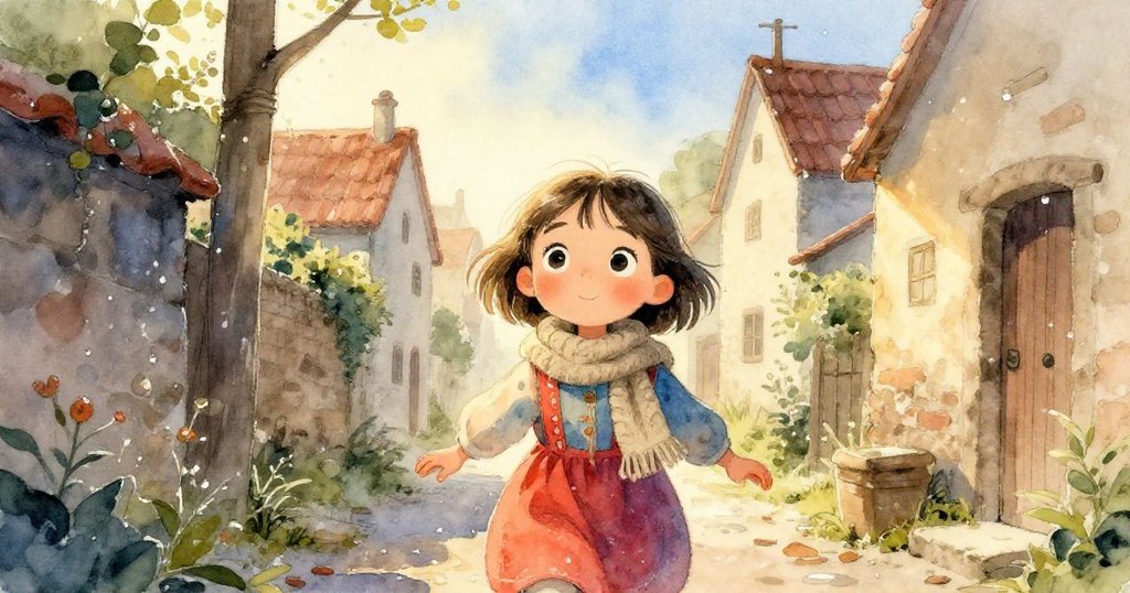 米拉悄悄地踏入狹窄小巷,晨露閃爍於街角,柔和陽光映襯出鄉村迷人的早晨景色。