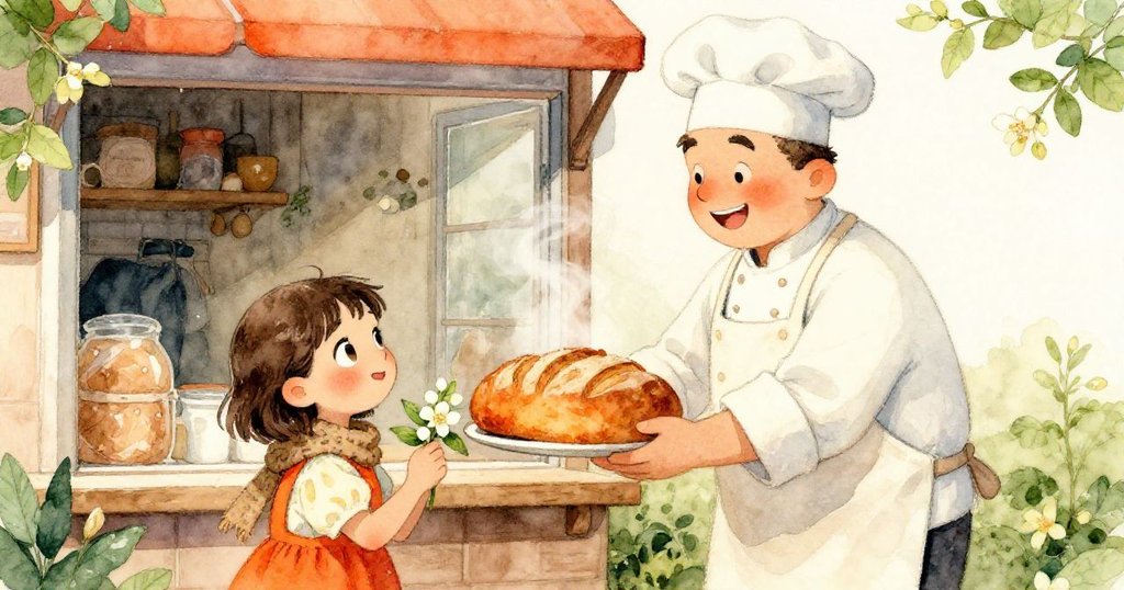 在開放的麵包店窗前,和藹的麵包師看到米拉籃子上的茉莉花枝,默默遞上剛出爐的麵包,溫馨情感洋溢。