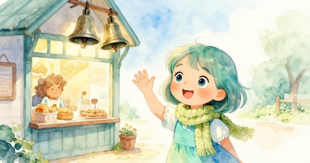 伴隨著廣場上方鐘聲響起,米拉揮手向麵包店告別,臉上洋溢著喜悅,準備踏上前往新一天的旅程。