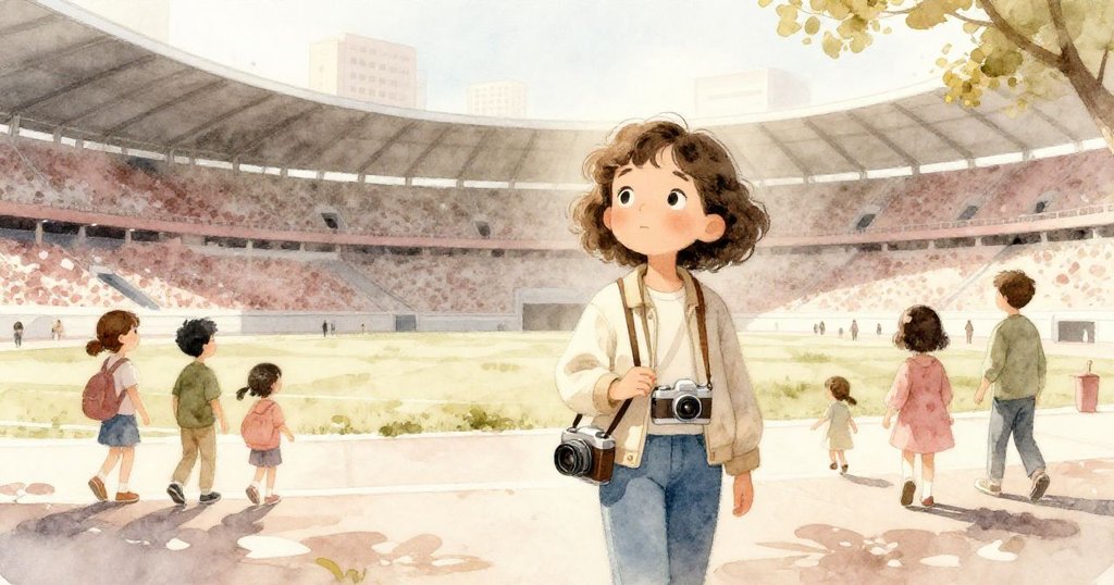 米拉早晨抵達體育館，走在人潮中，手持相機，背景現代建築映襯，神情充滿期待。