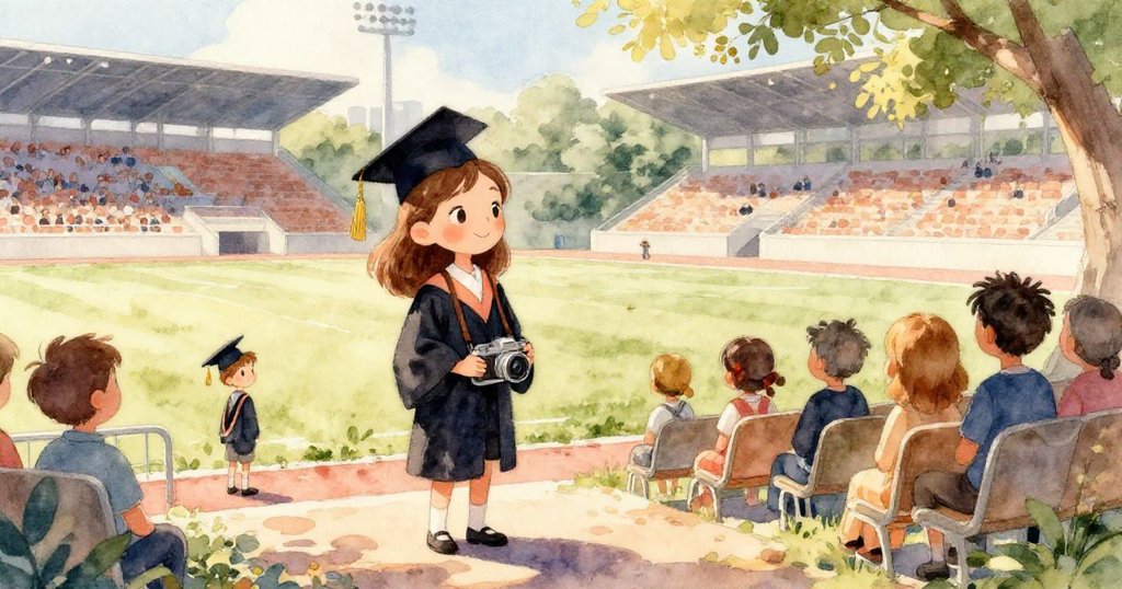 米拉專注調整相機鏡頭，手部動作細膩，背景溫暖柔和，展現她對美好瞬間的期待。