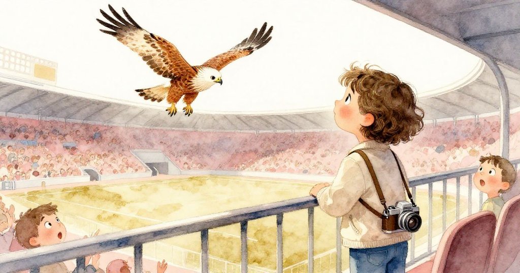 從高處觀看，猛鷹掠過眾人頭頂，觀眾躲避中展露驚訝，米拉在場中鎮定拍攝。