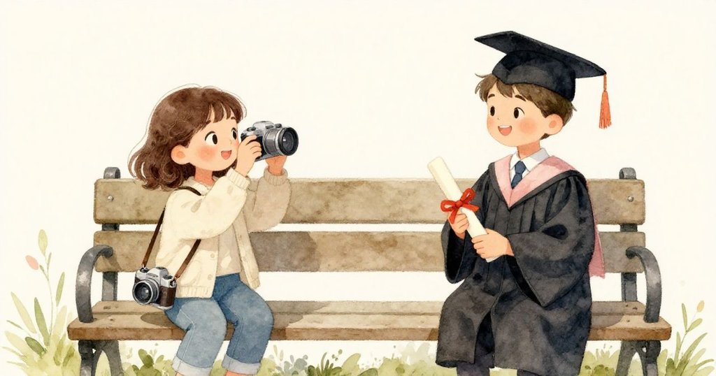 米拉站在板凳上拍照，弟弟領取證書，周圍家庭互動歡樂，場面充滿喜悅與驕傲。