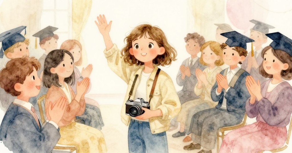 米拉微笑收好相機，背景中家人與觀眾熱情鼓掌道別，陽光溫暖，告別典禮充滿回憶感。