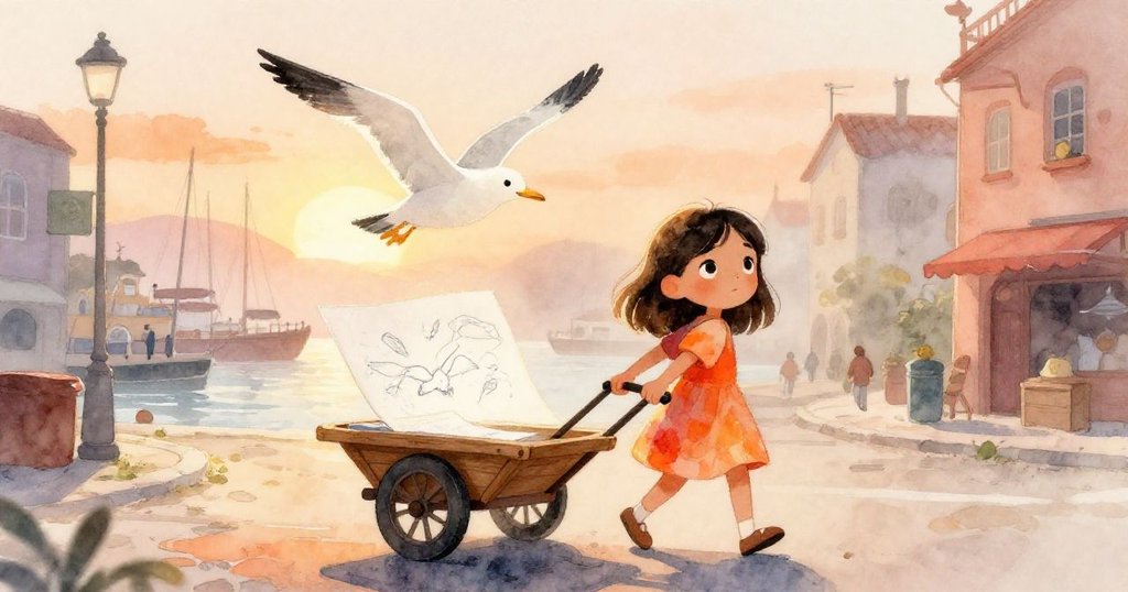 Elena推著木車於晨霧瀰漫的海港街上，背景晨光柔和，畫中海鷗充滿朝氣，神態堅定又溫暖。