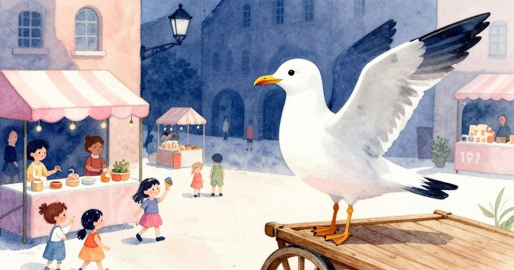 鷗鳥立於木車上俯瞰熱鬧市場及嬉戲孩童，視角獨特且充滿都市溫馨活力。