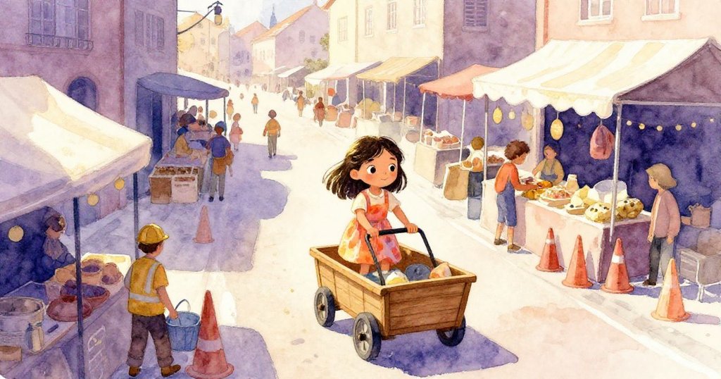 從高處俯瞰市場，Elena推車穿越狹窄通道，周遭攤販與施工人員忙碌，展現現代都市生機。