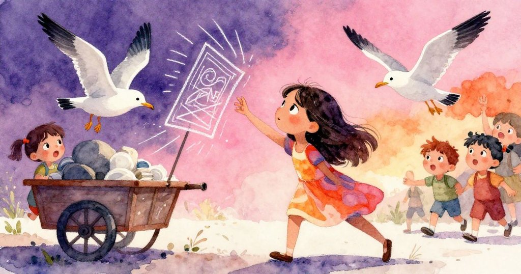 強風吹起畫角，Elena急伸手抓住畫布，同時真海鷗降臨木車上，孩子們驚喜嬉笑，緊張場面生動。