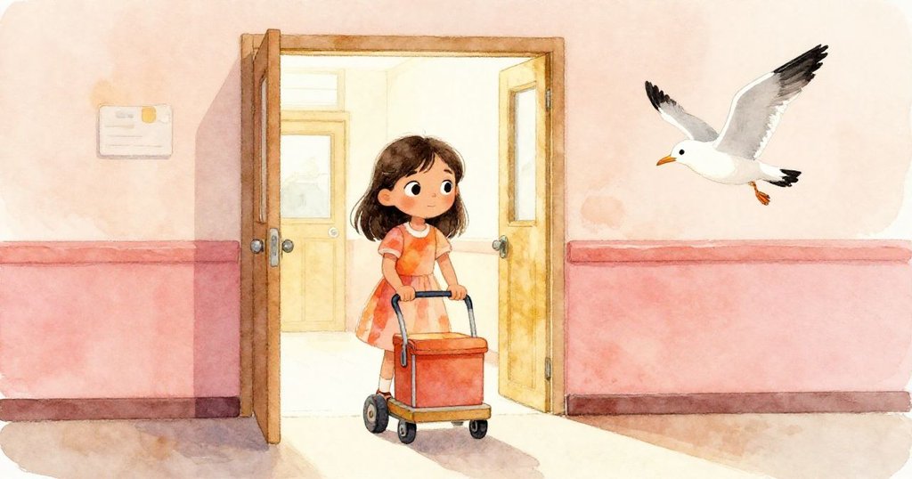 Elena推車進入明亮學校大廳，畫作穩妥進入室內，海鷗悄然離去，結局溫馨且充滿平靜笑容。