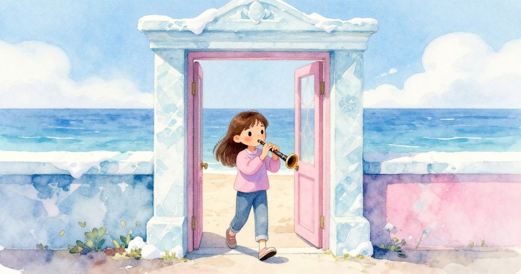 米拉從海邊博物館門口踏出，調整錄音器，背景中同學等待和閃亮的海洋展現旅程開始。