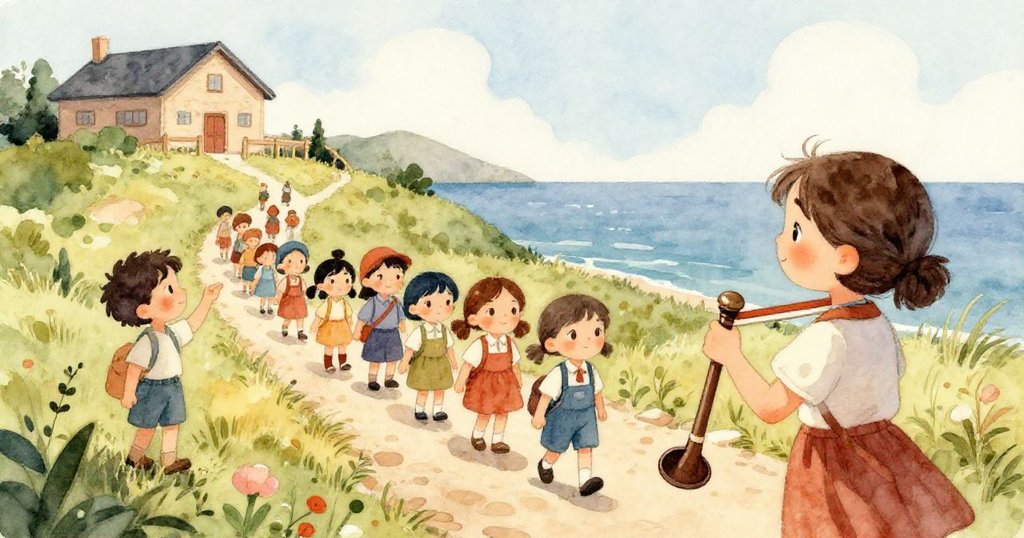 米拉透過博物館窗戶凝望外面，見到錄音器紅光閃爍與起舞的海風，面露好奇與期待。