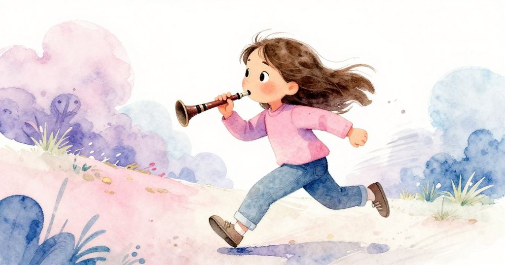 米拉因車喇叭聲驚慌疾跑下坡，緊握錄音器，臉上滿是急切與決心，背景呈現蜿蜒山徑。