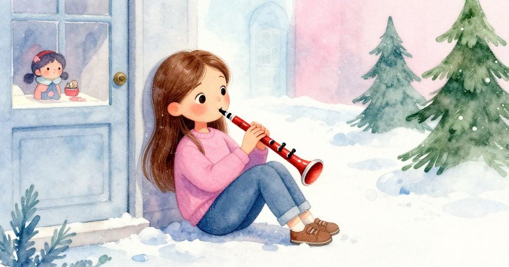 米拉到達博物館門前暫息，臉上露出寧靜微笑，錄音器紅光柔照，展現旅程結束的平和與滿足。