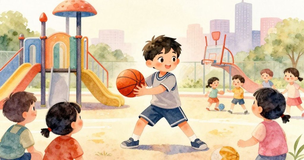 Lucas在現代操場中穿梭，手握橙色籃球與多位快樂小朋友互動，陽光明媚充滿期待。
