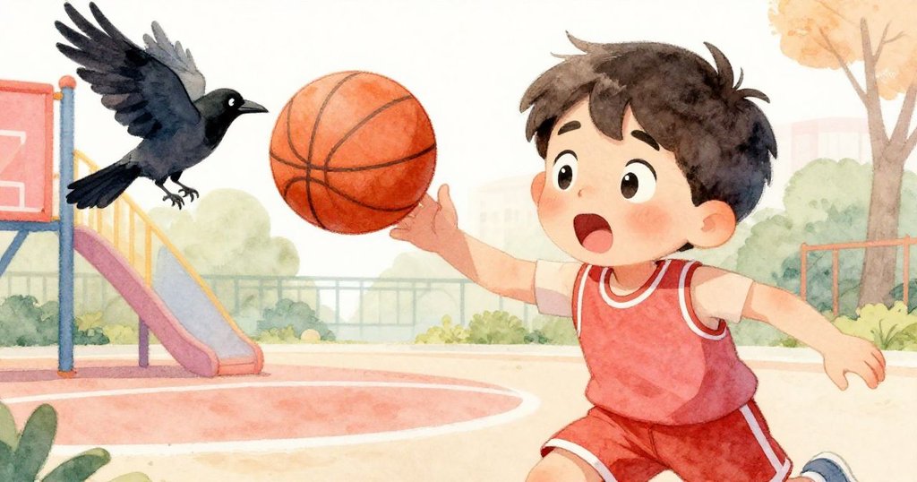 Lucas露出驚訝表情注視著被烏鴉掠過的籃球，近距離捕捉現代操場意外瞬間。