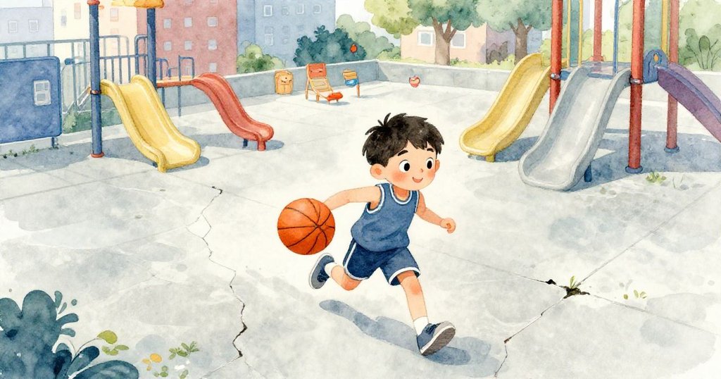 從高角度看見Lucas沿著破損水泥路高速奔跑追逐滾動籃球，操場細節清晰生動。