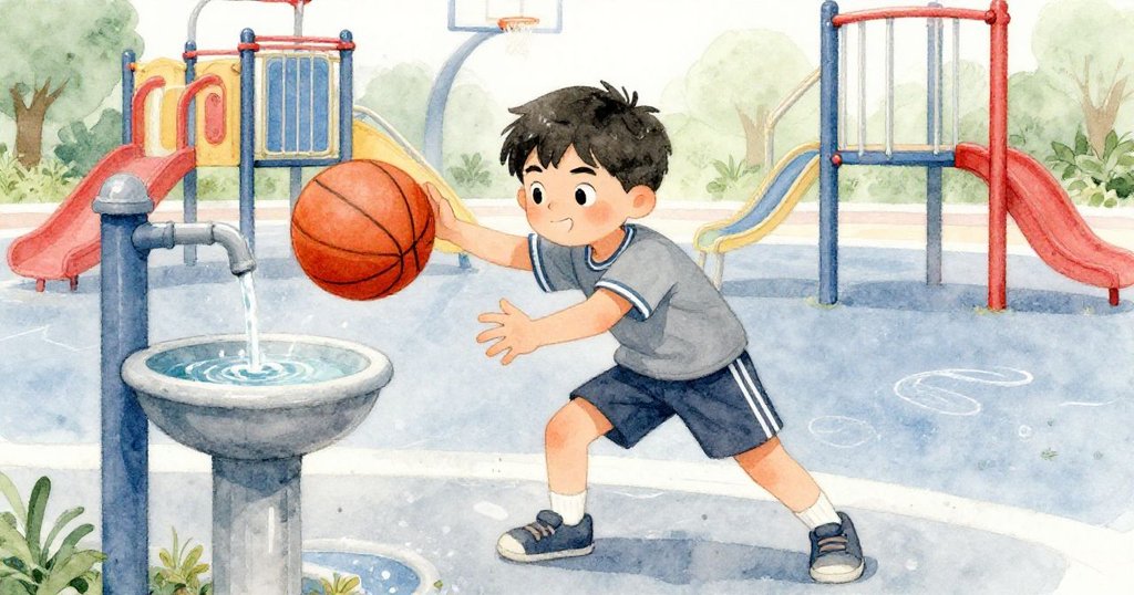 Lucas在飲水機旁因濕滑失誤忙於抓球，環境中粉筆線條與緊張氛圍明顯展現困境。