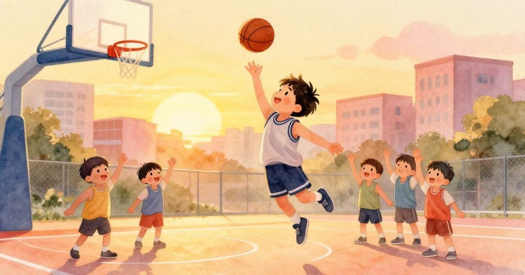 在夕陽金光中Lucas英勇投籃得分，隊友歡笑慶祝，籃球穿網而過，營造勝利溫馨結局。