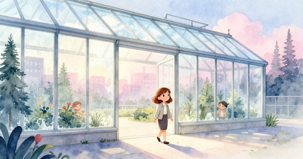 Leah穿輕便外衣站在玻璃溫室前，晨光柔和，水氣朦朧中展現期待與寧靜氣氛。