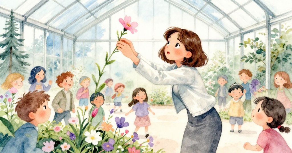 閉館時間臨近，Leah在移動的人群中急速調整相機，專注捕捉瞬間盛開花朵，場景充滿動態急迫感。