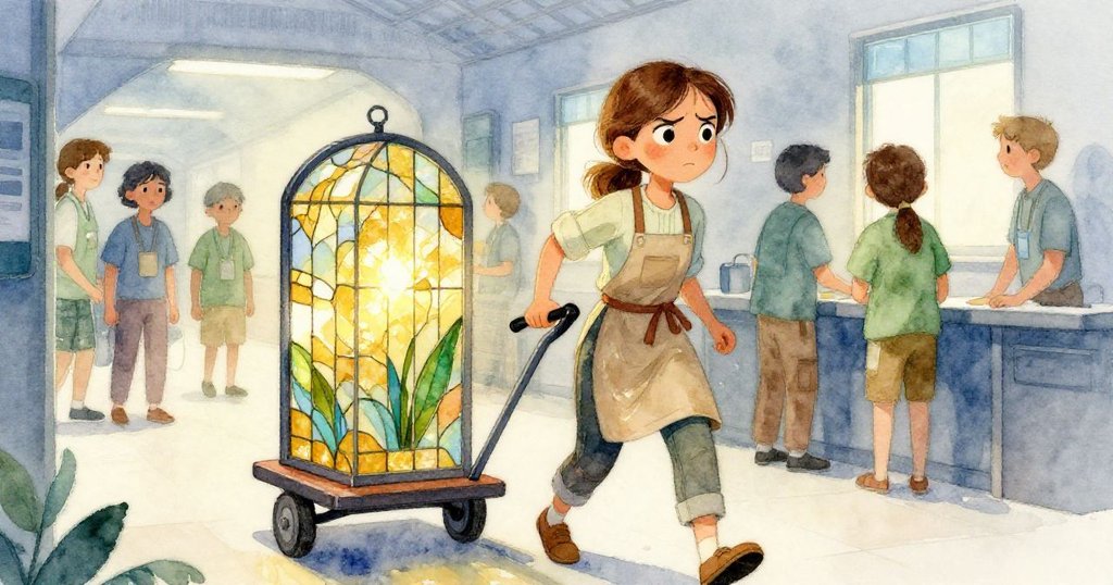 Sienna在昏暗走道推著裝有彩色玻璃板的推車，臉上充滿決心，背景志工忙碌，氣氛溫暖、充滿動感。