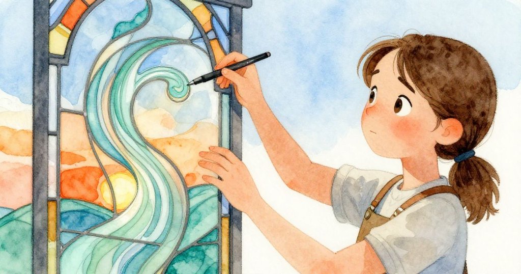 Sienna溫柔調整手中的玻璃板，上面有旋渦般的河流紋樣，展現創意力量，細膩光影襯托細節。