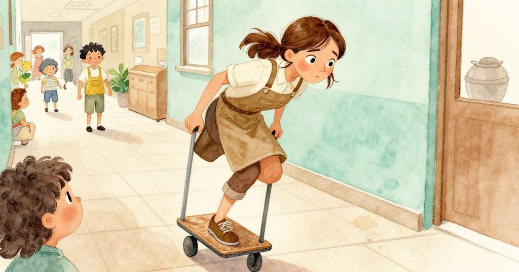 Sienna用膝蓋調整歪斜的推車，輪子碰到凸起的磚塊，動作急促，氣氛充滿活力和緊張感。