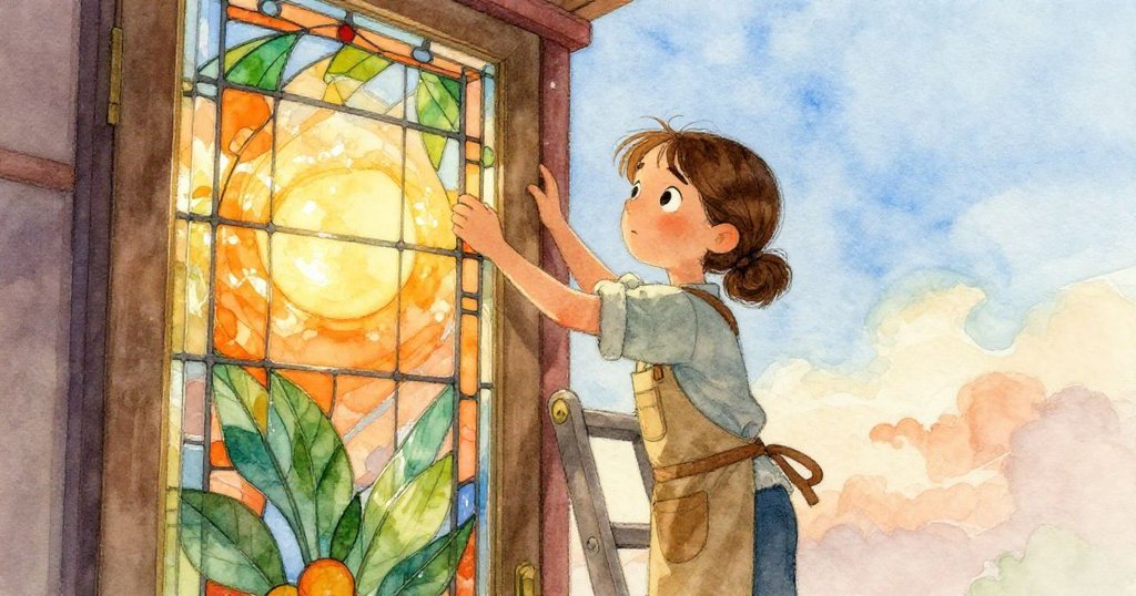 Sienna在圖書館銅門檻前搭梯子獨自抬起玻璃板，燈光溫暖懷舊，臉上既專注又略帶思緒。