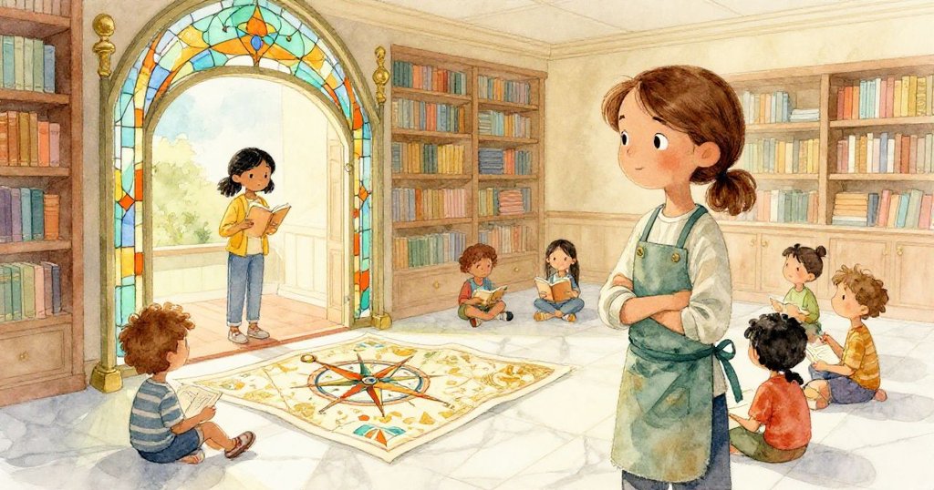 Sienna在圖書館內迎接陽光，玻璃板露出指南針圖案，孩子們環繞閱讀，臉上洋溢著驚喜和喜悅。