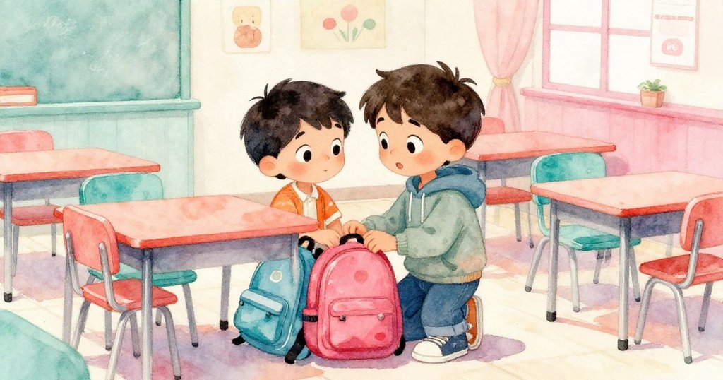 在明亮教室中，Lucas 蹲下來檢查書包和桌椅，焦急尋找失蹤的畫冊，背景中燈光燦爛，桌面像舞台般整齊。