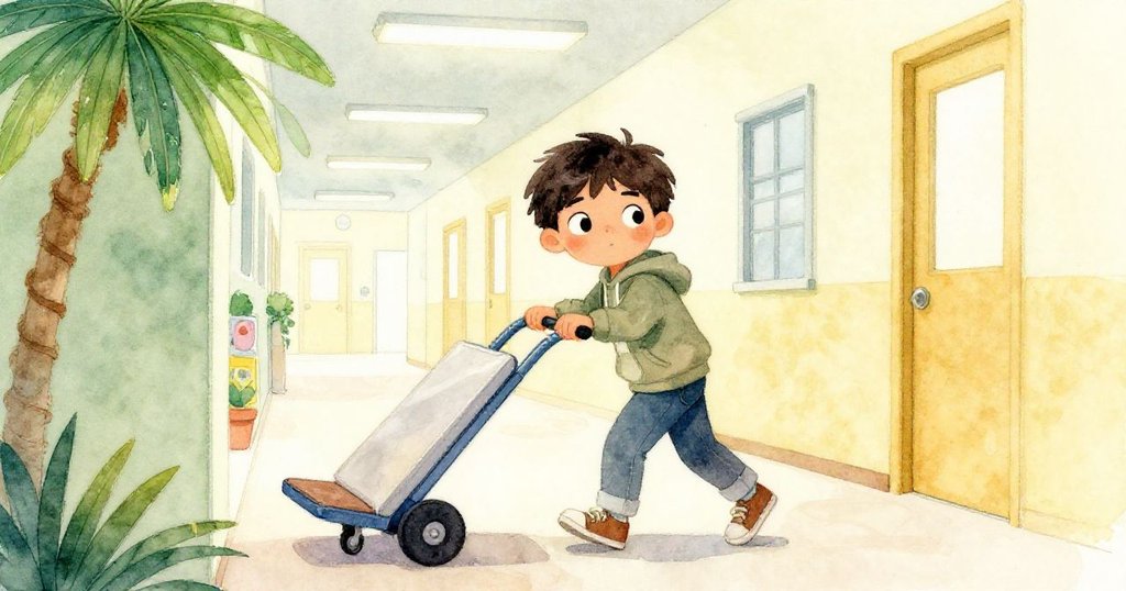 在走廊中，Lucas 用力推開發出吱吱聲的清潔車，正視前方，神情堅定而略帶焦急，背景延伸出安靜的走廊。