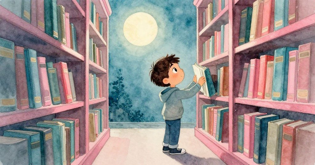 在圖書館中，Lucas 輕輕觸摸著滿佈塵埃的書脊，月光透過窗戶灑進來，環境如迷宮般安靜神秘。