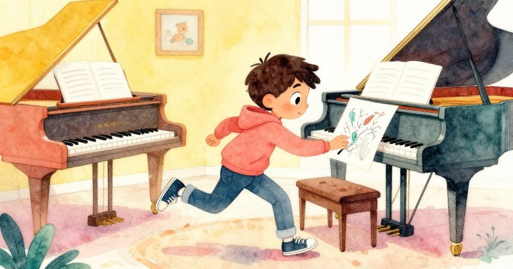 在音樂室裡，Lucas 急步奔向大鋼琴，驚訝地發現畫冊躺在鋼琴椅上，月光灑落，呈現神秘生動畫作。