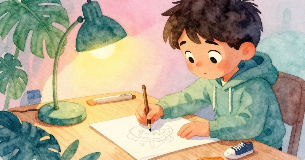 在溫暖燈光下，Lucas 輕柔地將畫冊放在書桌上，臉上露出安心微笑，柔和燈光映照出神秘畫作，似乎解開尋找之謎。