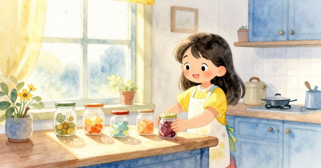 米拉在清晨溫暖廚房中擺放麵粉、酵母與蜂蜜罐，窗外晨露閃爍，神情專注期待烘焙奇跡。