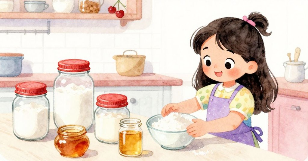 米拉雙手輕觸罐子，細心排列麵粉、酵母與蜂蜜的罐子，溫馨廚房中散發著回憶與期待。