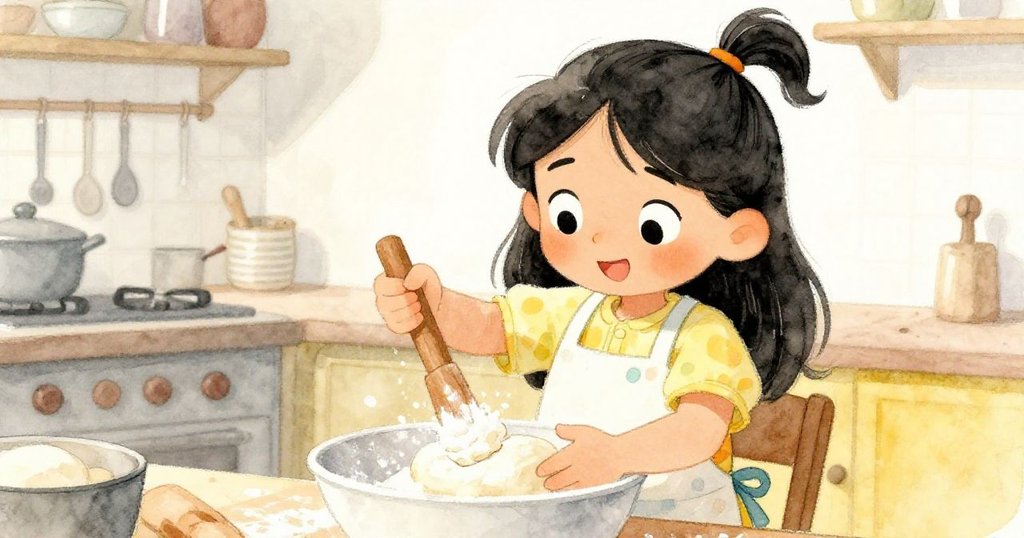 米拉專注攪拌麵糰，頑固的麵粉團逐漸被打散，特寫雙手與臉龐露出堅定與趣味神情。