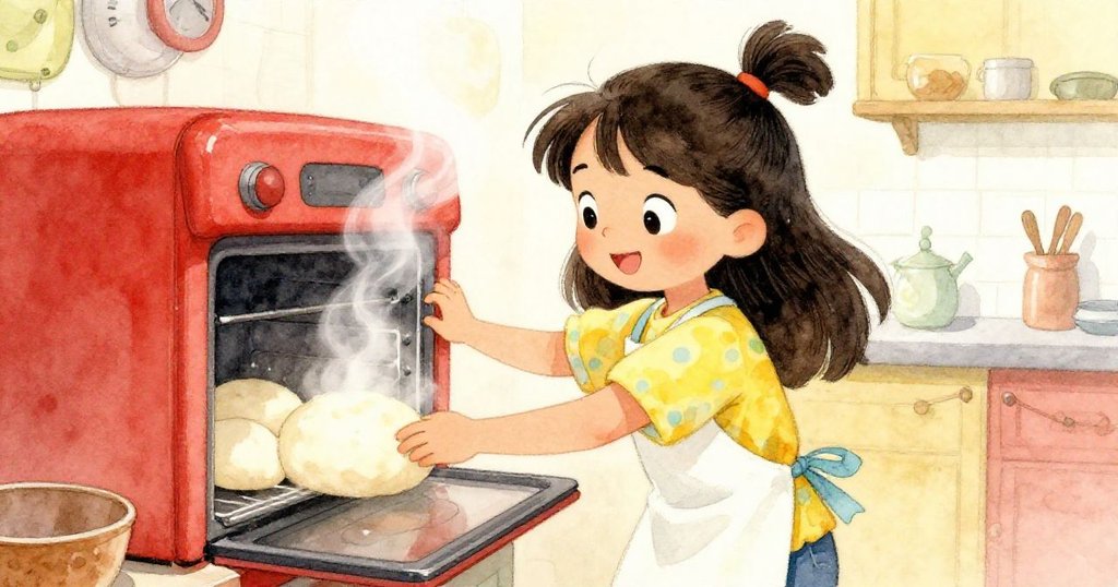 米拉打開搖晃的烤箱，蒸氣奔舞中展現出逐漸變化的麵糰，動感畫面中流露堅持與期待。