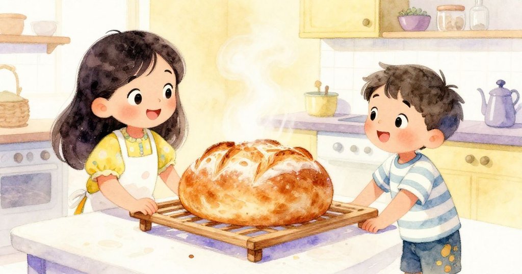 米拉與奇安滿懷成就站在溫暖廚房中看著木架上新鮮出爐的圓形麵包，滿臉欣喜與溫馨告別日常。