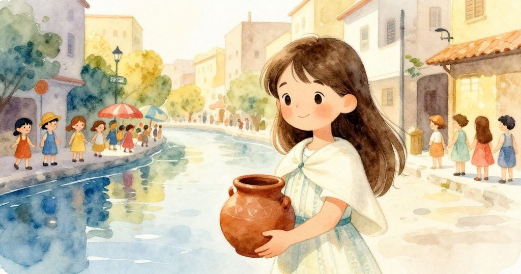 米拉在黃昏的河街上堅定前行,抱著陶罐,背景遊行燈籠與倒影交織,展現旅程開始的期待與反映。