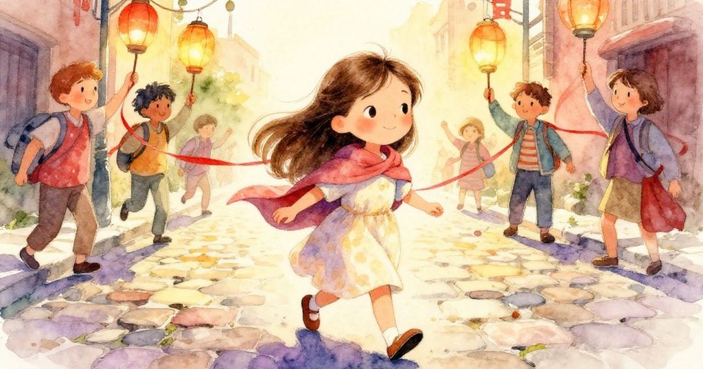 米拉穩步攀登石板路,燈籠手風格輕觸她的袖子,展現動態腳步與節奏,氣氛溫暖而充滿活力。