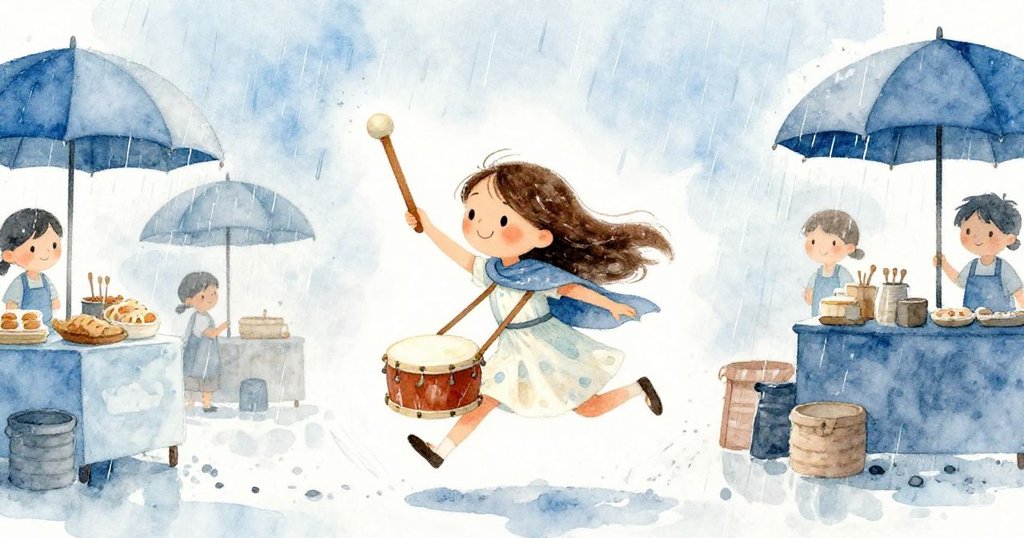 米拉在急雨中靈活閃躲,一旁鼓手揮棒失控,傘花綻放映襯背景市場,呈現動態與緊張的層次感。