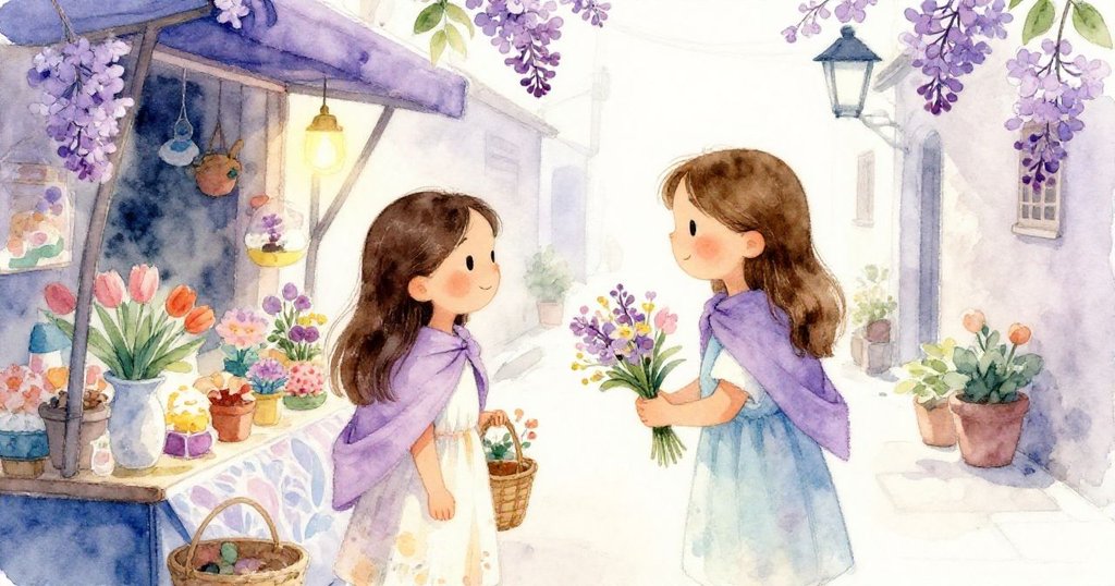 米拉躲進狹窄巷弄中,與花販溫柔交換微笑,背景市場攤位細膩展現庇護與友善的瞬間。