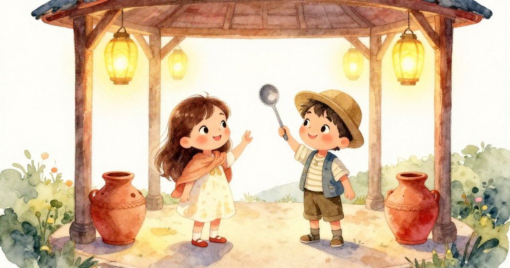 米拉在山頂亭上驚喜見到堂弟尼可揮動湯勺,燈籠照亮同款陶罐,展現團聚與快樂的瞬間。